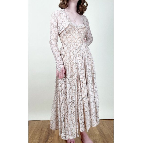 Vintage Dresses & Skirts - Vintage 50s Lace Midi Maxi Dress Set Formal Wedding Whimsigoth Regency Victorian